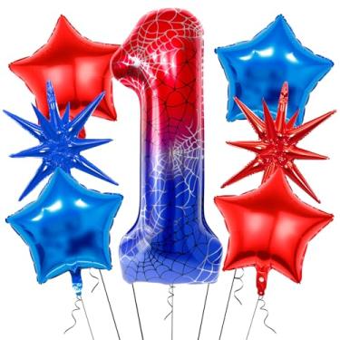 Imagem de 7Pcs 40 inch Spider Theme Number 1 Balloons, Large Red Blue 1 Balloon Number Set with Exploding Star and Star Foil Balloons for Birthdays and Spider Themed Parties