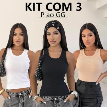 Imagem de Kit 3 Regata Feminina Blusa Canelada Algodão Premium Grossa Alça Larga
