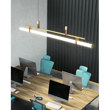 Imagem de Luminária pendente LED moderna regulável com controle remoto para escritório, sala de jantar, sala de estar, cozinha, dourada, 115 cm