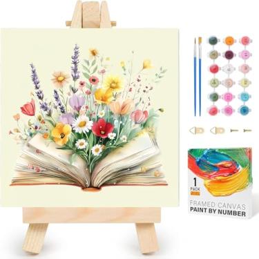 Imagem de Kit de pintura por números para adultos com moldura e cavalete de madeira, pintura fácil por números de flores, pintura a óleo acrílica faça você mesmo por números para adultos iniciantes decoração de
