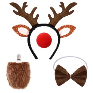 Imagem de Haakong Conjunto de fantasia de chifres de rena para orelhas de animais adultos com cauda de gravata borboleta para festa de Halloween e Natal, acessórios de fantasia