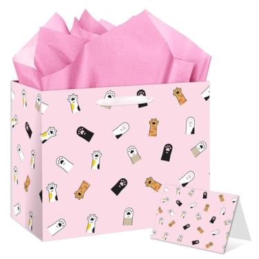 Imagem de HSKMAKE Bolsa de presente de pata de gato rosa - Decorações de festa temáticas de gato grande com papel de seda e cartão para aniversário de crianças, chás de bebê, amantes de animais de estimação