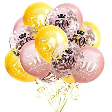 Imagem de Pacote com 15 balões infláveis de confete de 30 cm, balões de aniversário transparentes de látex 18 30 40 50 60 70 80 lembrancinhas de festa de decoração de aniversário (50 anos de idade)