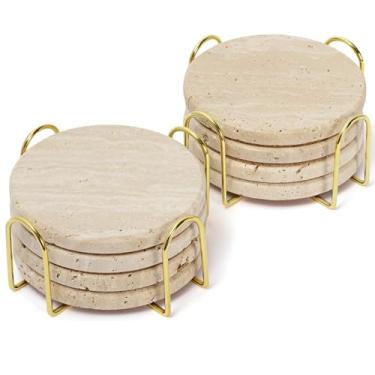 Imagem de YONGHEE Conjunto de 8 porta-copos de travertino com suporte, porta-copos rústicos de mármore bege para decoração de mesa de café, porta-copos absorvente de pedra natural porosa redonda de 10 cm