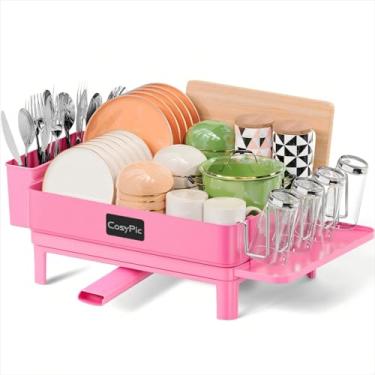 Imagem de CosyPic Escorredor de pratos para cozinha, escorredor de pratos de aço inoxidável com placa de drenagem, escorredor de pratos, coador de pratos com suporte de utensílios, preto