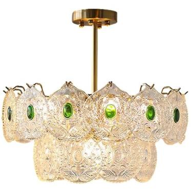 Imagem de Grandes lustres de tambor de vidro para sala de jantar Luminárias de teto semi-embutidas nórdicas de 3 camadas Lustres pendentes vintage para quarto, cozinha, ilha, sala de estar, hall de en