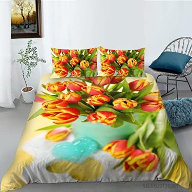 Imagem de Conjunto de capa de edredom king flores amarelas tulipas 203 x 234 cm, conjunto de cama com fronhas, quente, aconchegante, térmico, macio, 100% poliéster - duplo - 1 capa de edredom + 2 fronhas