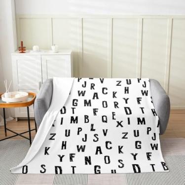 Imagem de Cobertor de flanela infantil alfabeto preto bonito padrão de letras inglesas cobertor de lã poliéster macio aconchegante moderno estilo simples cobertor felpudo branco cobertor de cama para sofá (76,2