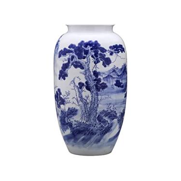 Imagem de AKALNNB Vaso de flores para piso de cerâmica vaso grande pintado à mão azul e branco vaso de porcelana sala de estar arranjo de flores decoração de escritório em casa decoração de casa