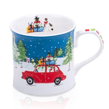 Imagem de MFoffice Caneca de café de carro de Natal de 473 ml, caneca festiva New Bone China com um besouro vermelho em cena de inverno nevado, presente de feriado para amantes de carros, crianças e família