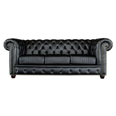 Imagem de Sofá 3 Lugares Sala de Estar 235cm Chesterfield Pés Madeira Couro Preto - Gran Belo
