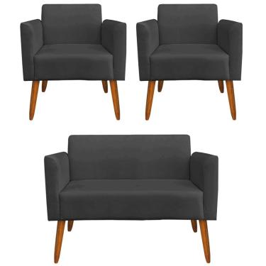 Imagem de Conjunto Namoradeira e 2 Poltronas Decorativas Isabella Pés Palito Madeira Suede Preto - Gran Belo