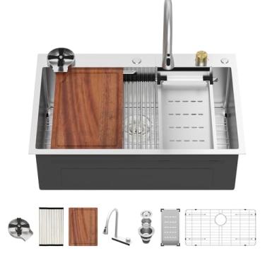 Imagem de Pia de cozinha em cascata de 83 cm - Beslend 83 x 55 cm, pias inteligentes de aço inoxidável calibre 16, bacia única com combinação de torneira