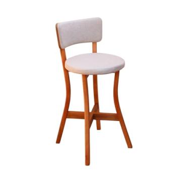 Imagem de Banqueta Alta Com Encosto Estofado Base em Madeira Maciça Linho Bege - Frida