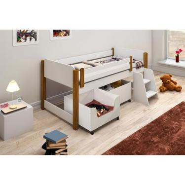 Imagem de Cama Solteiro Jhoy Com Baú Organizador Espaço Pet Com Escadinha Branco/Amêndoa