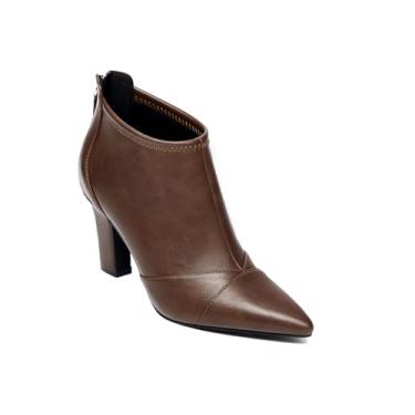 Imagem de Coutgo Botas femininas de cano curto, bico fino, salto alto, salto alto, com zíper nas costas, Couro café leve, 40