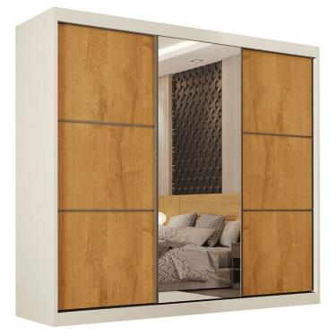 Imagem de Guarda Roupas Casal 3 Portas De Correr Com Espelho 100% Mdf Flex 6 Gavetas Argel Off White / Madeirado