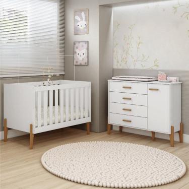 Imagem de Quarto de Bebê com Cômoda e Berço Mini Cama 100% Mdf Retrô Acetinado atóxico Liris Branco