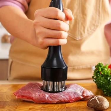 Imagem de 1 peça de aço inoxidável amaciador de carne solta, agulha de perfuração doméstica, amaciadores diários, utensílios de cozinha, churrasco, 19 x 5 cm (preto)