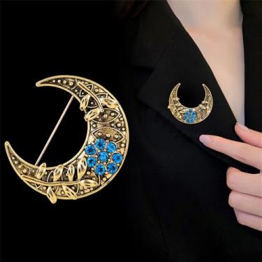 Imagem de Broche de lua vintage para mulheres strass azul folha crescente lapela broche elegante Natal Ação de Graças roupas camisa crachá terno casaco acessório joias, Small, Liga de aço, Sem Pedra Preciosa