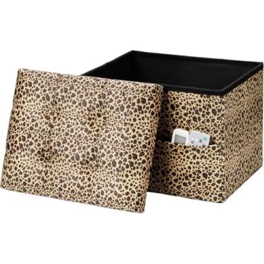 Imagem de AmasSmile Banqueta dobrável para descanso para os pés com bolso lateral, banco de veludo de 43 cm, banco otomano curto, loja de descanso para os pés, peito cobertor, estampa de leopardo