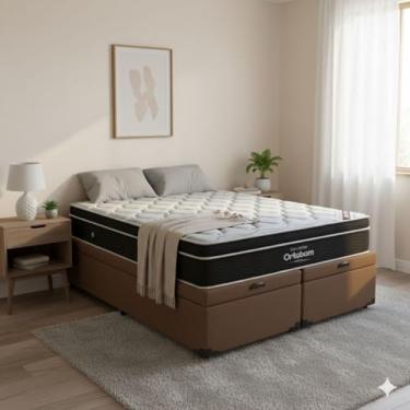 Imagem de Cama Box Com Baú Casal Bipartido + Colchão de Molas Ensacada Elegant - 138cm (Marrom)