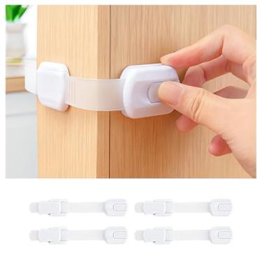 Imagem de Pacote com 4 fechaduras de segurança para crianças, adesivo sem perfuração, trava de segurança para crianças, ajustável e fácil de instalar, multiuso para gavetas, armário, geladeira, máquina de lavar