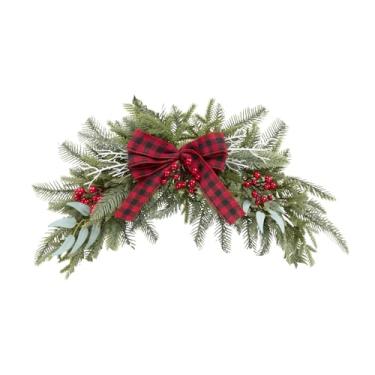 Imagem de U'Artlines Brindes de Natal para porta da frente, 69,8 cm com laço de Natal vermelho baga, pinho para parede de janela interna e externa, manto de lareira para casa, férias, decoração de Natal