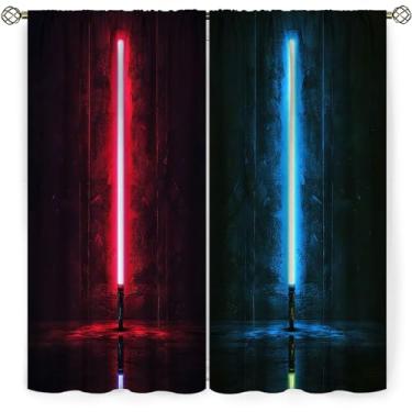 Imagem de OLYPRO Conjunto de 2 painéis de cortina blackout para janela com bolso de varão, à prova d'água, economia de energia, sabre de luz, vermelho, azul, cortina leve para sala de estar, quarto, 106 x 113