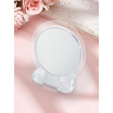 Imagem de 1 mini espelho, espelhos dobráveis redondos planos de vidro transparente, espelho de mão dupla face com suporte de plástico PS para namorada, esposa, filha, irmãs, amigas e mais, 19,3 x 12,8 x 1 cm