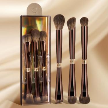 Imagem de 3 pincéis profissionais de sombra e maquiagem para olhos com pontas duplas – Pincel de mistura, ocultação, sobrancelha e delineador com cerdas de fibras macias com caixa de plástico, café profundo