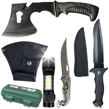 Imagem de Kit Sobrevivência Militar Completo Lanterna LED Zoom Canivete Dobrável Tático Machado Multifuncional Trilha Acampamento Bushcraft