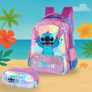 Imagem de Mochila de Costas Stitch + Estojo Triplo  Holográfica  Azul ou Roxa - 