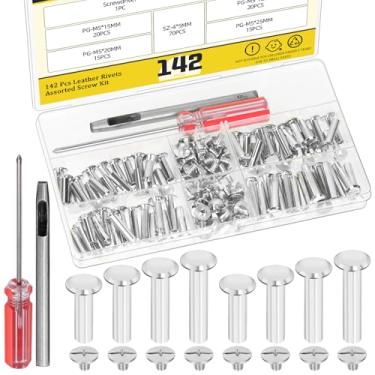 Imagem de Mardatt 70 conjuntos prata M5 x 15/18/20/25 mm kit de parafusos Chicago, rebites de couro, rebites, parafusos de encadernação Chicago com ferramentas de configuração para cinto de artesanato de couro