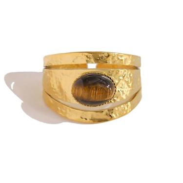 Imagem de Dikixe Anel de pedra ocidental cativante olho de tigre, solitário 8 * pedra preciosa oval de 10 mm banhada a ouro 18K pilha 13 mm de largura com textura nervurada anel feminino, Adjustable, Metal