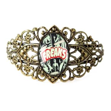Imagem de Pulseira Freaks – Circus Side Show Oddity, Bronze Antigo Prata ou Preto, Joias Vitorianas Artesanais de Filigrana – 167-CB, Adjustable, Vidro, Sem Pedra Preciosa