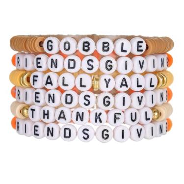 Imagem de Hremhoo Conjunto de pulseiras femininas empilháveis de Ação de Graças com contas coloridas, anel de borracha, disco, folha de bordo, pingente de folha de bordo, pulseiras elásticas de outono