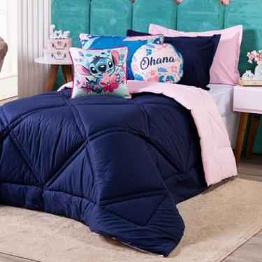 Imagem de Kit Edredom Stich Azul Marinho/Rosa com Almofadas SOLTEIRO 05 Peças - 