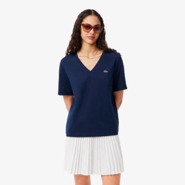Imagem de Camiseta de Algodão com Gola V e Caimento Relaxado - Lacoste, Azul mar