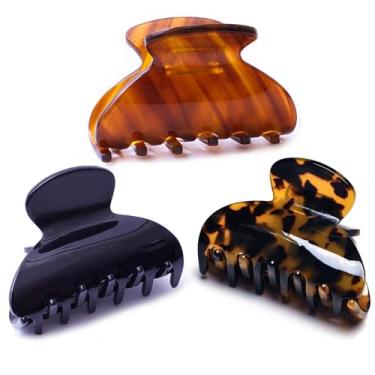 Imagem de Clipes de cabelo femininos de garra média, grampos de mandíbula de tartaruga, grampos de cabelo de celuloide, acetato, pacote com 3, concha de tartaruga/preto/marrom