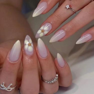 Imagem de Unhas de pressão de amêndoa média ombré, roxo claro, cola falsa, unhas com design simples de flores, pérolas, cobertura total, bastão falso artificial em unhas de acrílico para mulheres, casamento, 24
