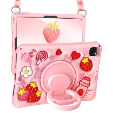 Imagem de Boaretiu Capa para iPad Air de 11 polegadas M2 2024 para Air 5ª/4ª/6ª geração 2022/2020 10,9 polegadas - Cute Kawaii com alça de ombro e suporte giratório de silicone macio para mulheres meninas