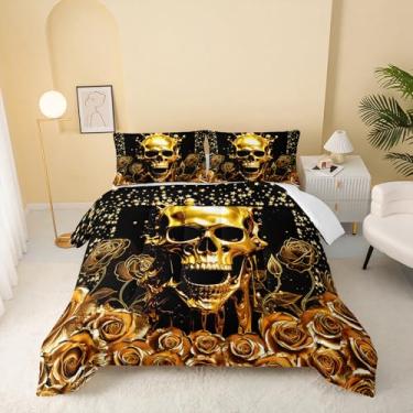 Imagem de QOOMO Jogo de cama infantil com estampa de caveira, flores douradas, tamanho solteiro, para decoração de quarto de meninos, meninas e adolescentes, macio e leve para todas as estações, 1 edredom e 2