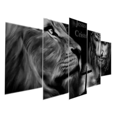 Imagem de Kit quadro decorativo 5 peças 95x60cm jesus cristo leão preto e branco