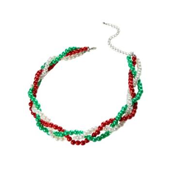 Imagem de Dtja Colar gargantilha de Natal com contas vermelhas verdes e brancas para mulheres, 3 cores, contas redondas com elos de tecelagem, corrente ajustável, moderno, Natal, festival, bijuteria, 45,7 cm