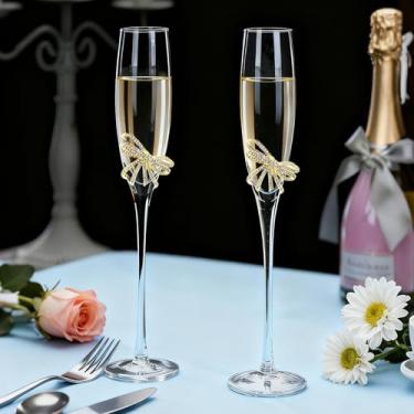 Imagem de Jozen Gift Taças de champanhe douradas - Conjunto de 2 taças de champanhe sopradas à mão com detalhe de arco de metal - presentes para aniversário, casamento, dia das mães - ideal para degustação de