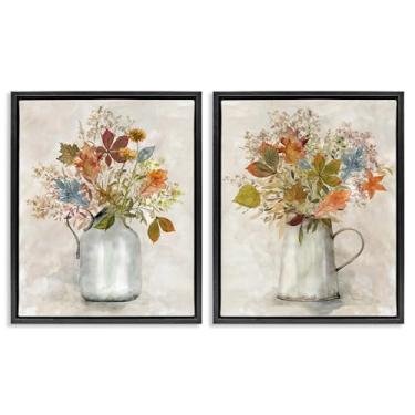 Imagem de Stupell Industries Autumn Bouquets Country Jugs Conjunto de tela flutuante com moldura dourada de 2 peças, design por Carol Robinson, 53 x 43 cm