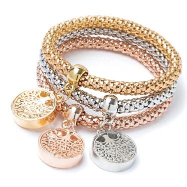 Imagem de Pulseiras multicamadas - 3 peças de ouro prata ouro rosa ouro milho pulseira feminina árvore da vida pulseira elástica em forma de coração, Medium, Liga metálica, Sem Pedra Preciosa
