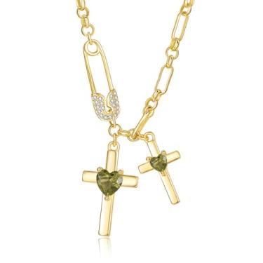 Imagem de SilvecFantasy Colar de cruz de ouro para mulheres, pingente de cruz dupla de 14 K, pino de segurança delicado, 2 pedras do nascimento, clipe de papel, corrente de fé, joias modernas, presentes