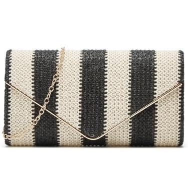 Imagem de Keridean Bolsa de mão feminina de palha de tecido de verão com corrente listrada envelope transversal ombro boho praia festa noite bolsa, Preto